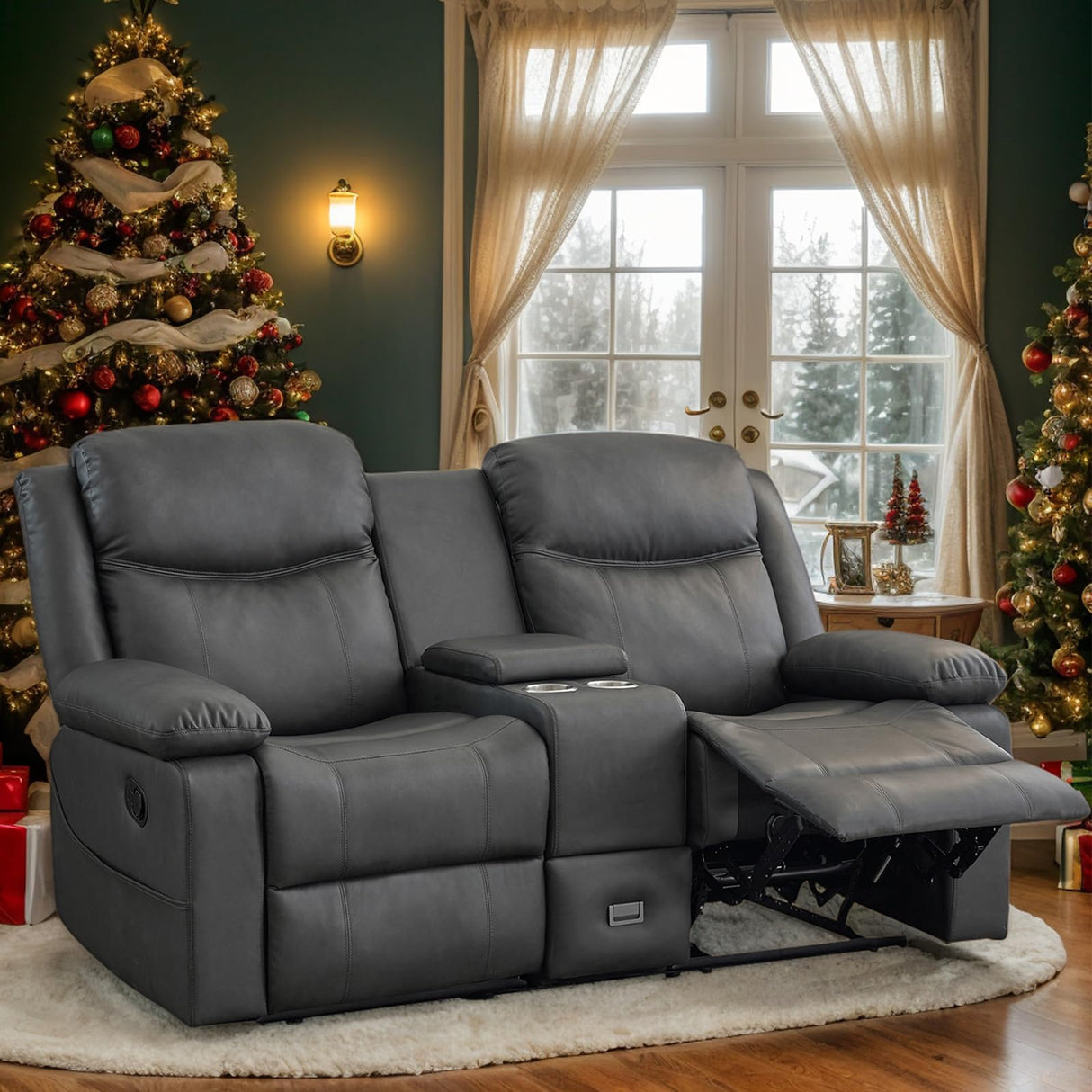 B BAIJIAWEI Loveseat Recliner, Reclining Sofa with Console, Double Reclining Couch, 2 Seater Manual Massage Couch for Living Room, Office, Home Theater(PU-Grey) B BAIJIAWEI