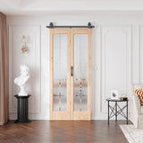 Preassembled Bifold Barn Door 36 x 84 in (Double 18x84in) with Bi-fold Door Hardware Kit, Frosted Glass Cross Transparent, Pre-Drilled Holes, Wood Door Slat, Fit 36in Opening CEAKIAN