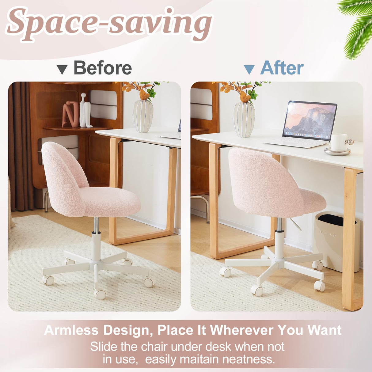 VINGLI Candy Chair Armless Cute Desk Chair,Comfy Small Office Chair with Wheels,Vanity Chair with Lumbar Support,Teddy Adjustable Rolling Swivel Computer Task Chair for Home Office,Bedroom,Gentle Pink VINGLI