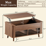 Lift Top Coffee Table with Storage, 41" Mid Century Modern Coffee Table with Fluted & Curved Profile Design, Hidden Storage Compartment, Lower Shelf Center Table for Living Room Office, Walnut HUAHUU