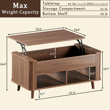 Lift Top Coffee Table with Storage, 41" Mid Century Modern Coffee Table with Fluted & Curved Profile Design, Hidden Storage Compartment, Lower Shelf Center Table for Living Room Office, Walnut HUAHUU