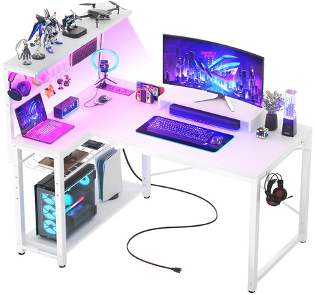 Homieasy Small Gaming Desk with Power Outlets Pegboard LED Light, 43 Inch L Shaped Computer Desk with Monitor Stand Storage Shelves, Reversible Corner Desk with Headset Hooks, White Homieasy