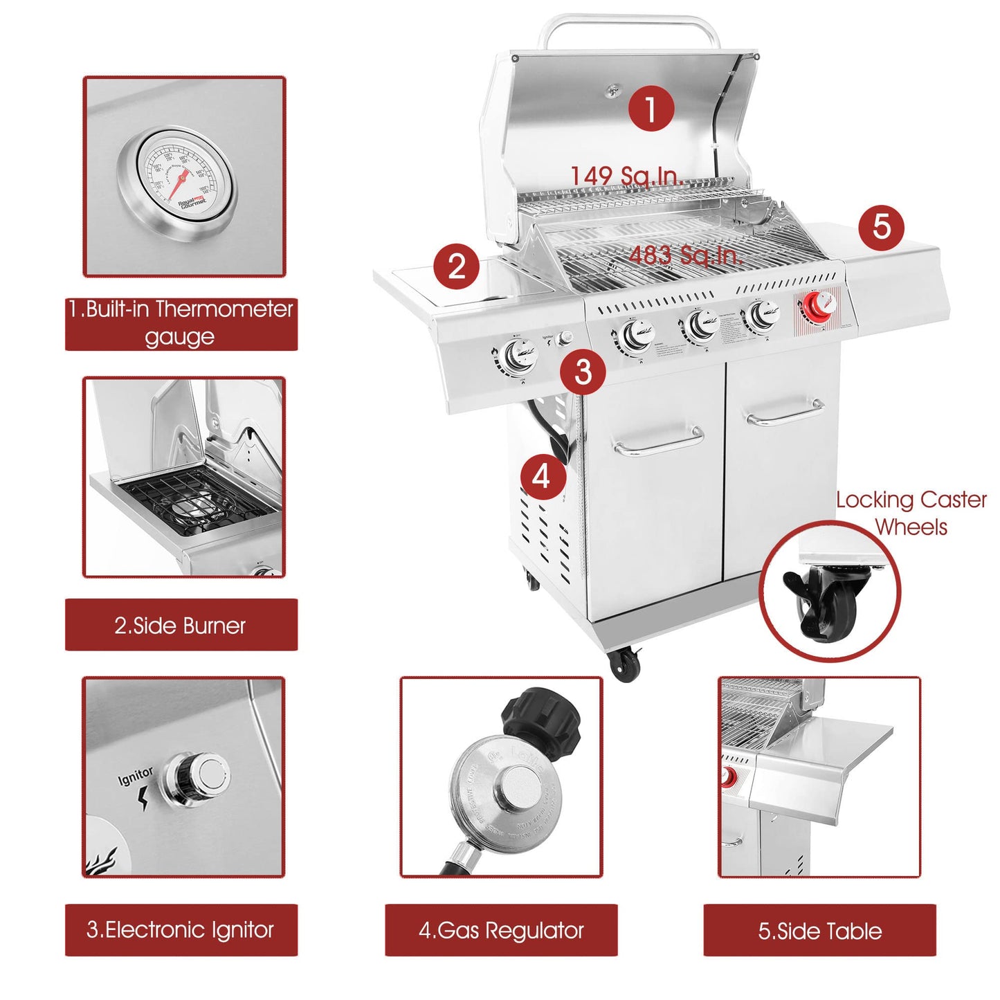 Royal Gourmet GA4402S 4-Burner Propane Gas Grill with Side Burner & Warming Rack, Stainless Steel Gas Grill with 54,000 BTUs Output for Barbecue Grilling & Backyard Cooking, Silver