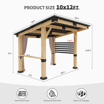 Yardsight Wood Gazebo 10' x 12', Hardtop Cedar Gazebo with Metal Roof, Outdoor Wooden Gazebo with Curtains, Permanent Pavilion Grill Gazebo for Backyard, Deck, Patio, Garden, Parties - WoodArtSupply