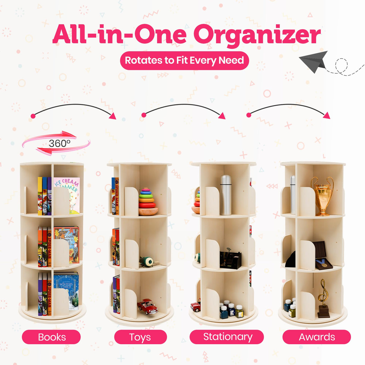 Rotating Kids Bookshelf – 3-Tier 360° Spinning Bookcase Tower, Solid Pine Wood, 12 Cubbies, Toddler Bookshelf Organizer & Lazy-Susan Storage for Nursery, Classroom or Playroom (Natural Finish) Sprinta