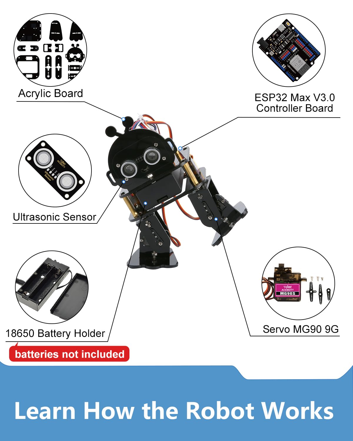 Biped Robot Kit STEM Toys Science Kit for Kids, Bionic Bipedal Robotics Programmable Coding Crafts Set for Arduino ESP32, Birthday Gift for Age 8-12 Boys Girls Teens ACEBOTT