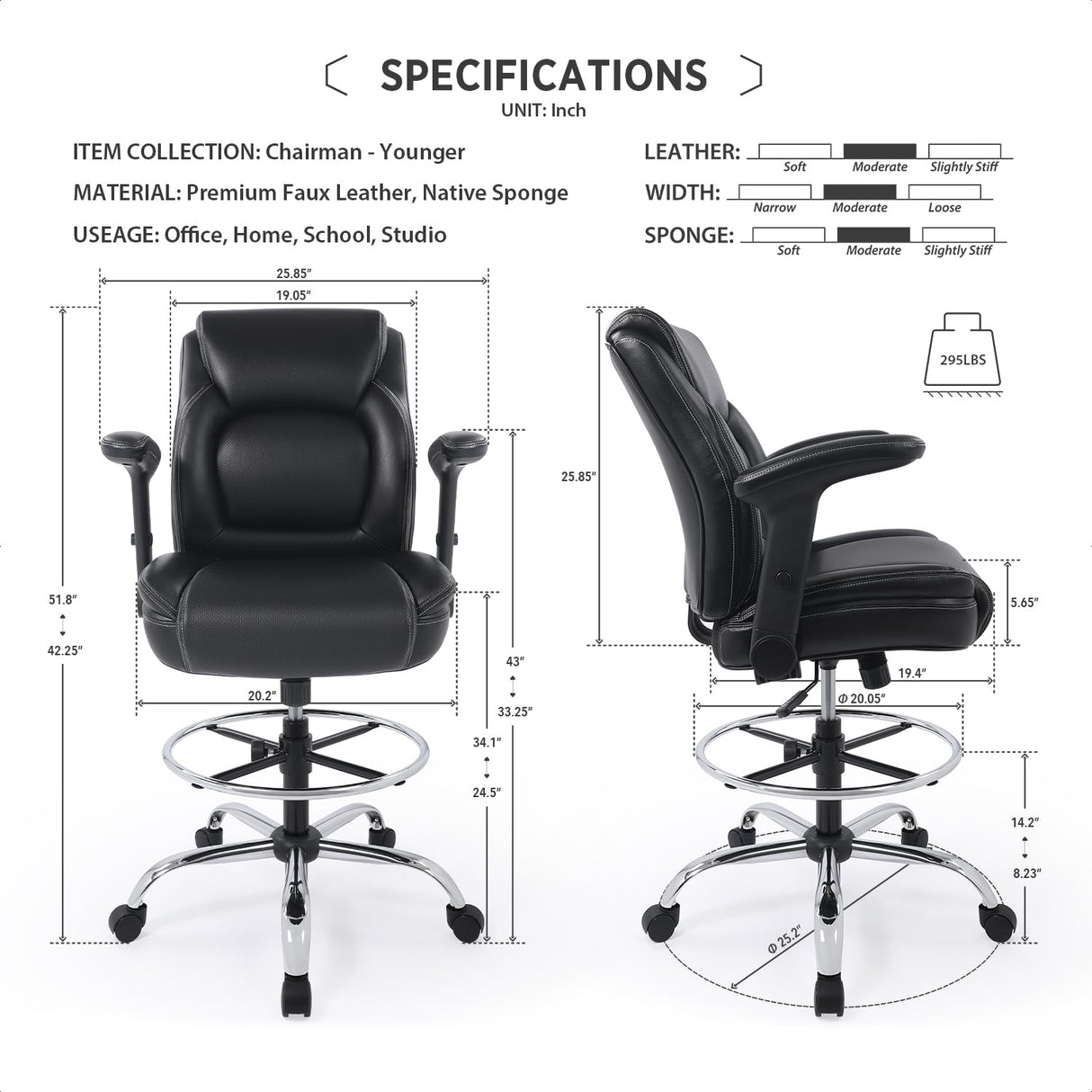 Ergonomic Mid-Back Premium Faux Leather Adjustable Drafting Chair with Multi-Function Arms and Foot Ring, Standing-Desk Matched Tall Swivel Computer Office Stool, Black CHAIRMAN