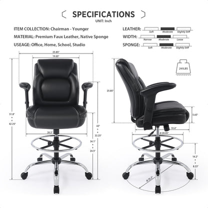 Ergonomic Mid-Back Premium Faux Leather Adjustable Drafting Chair with Multi-Function Arms and Foot Ring, Standing-Desk Matched Tall Swivel Computer Office Stool, Black