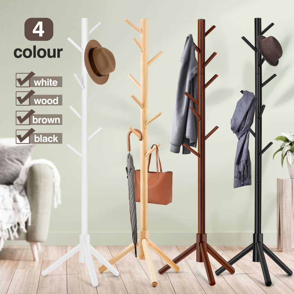 WANGMUXIA Coat Rack, Freestanding Coat Rack with 8 Hooks and 3 Adjustable Size Tree Coat Racks for Bedroom, Hallway, Entrance, Office, for Hats, Coats, Scarves, Handbags WANGMUXIA