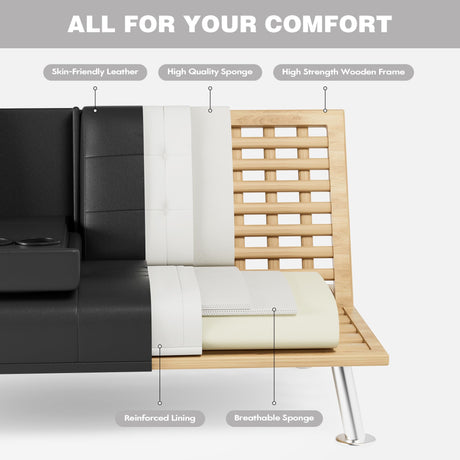 JUMMICO Faux Leather Futon Sofa Bed Futon Couch with Removable Armrests Adjustable Sleeper Sofa Bed with 2 Cup Holders for Living Room (PU Leather, Black) JUMMICO
