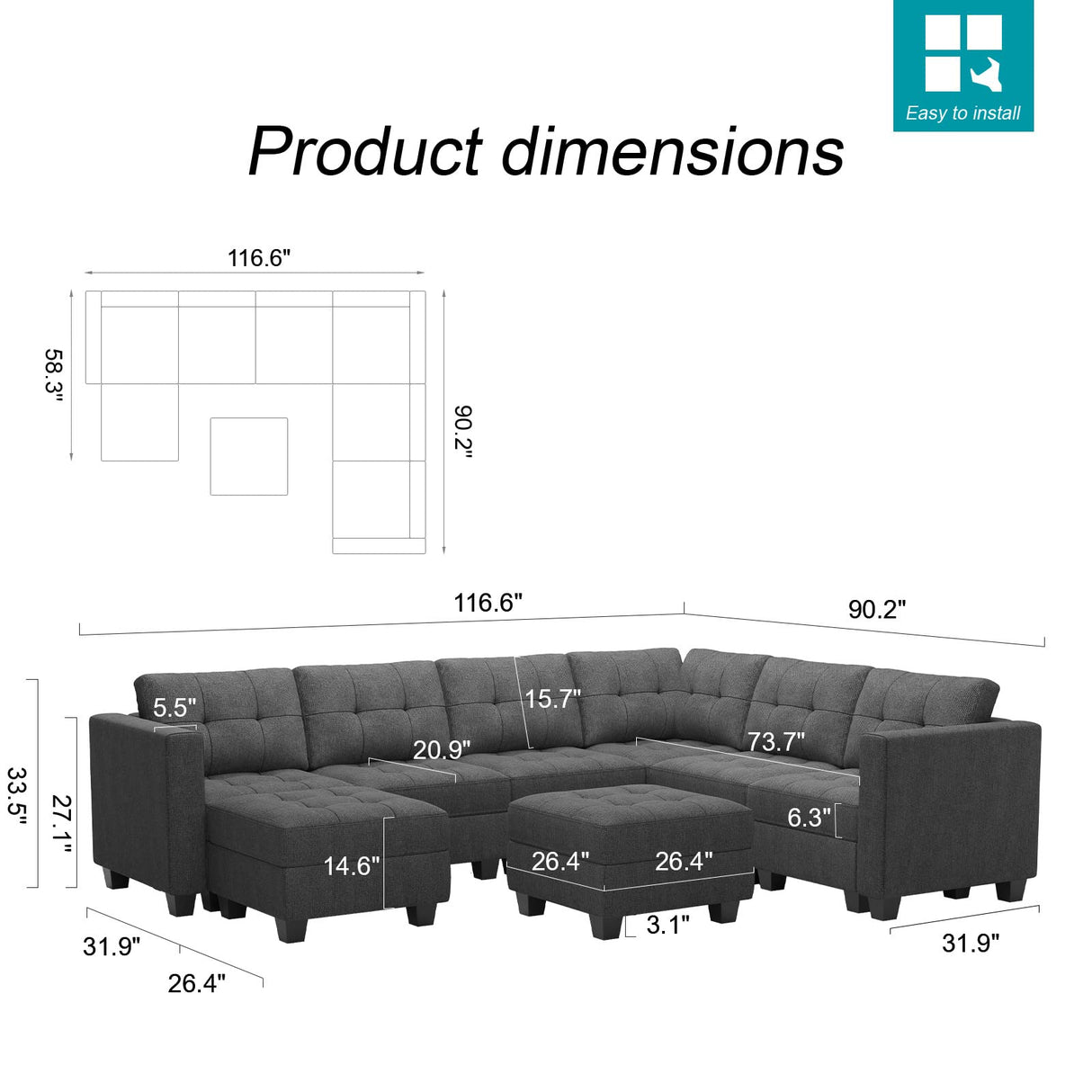 Belffin Modular Sectional Sofa Set with Ottomans Oversized U Shaped Sofa Set with Storage Seat Modular Sofa Couch with Reversible Chaises Modern Fabric Dark Grey Belffin