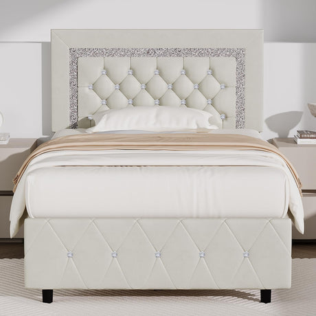 Twin Bed Frame with Diamond Tufted Headboard, Faux Leather Upholstered Bed with Wooden Slats Support, No Box Spring Needed, Mattress Foundation, Easy Assembly, Cream BarnFurin
