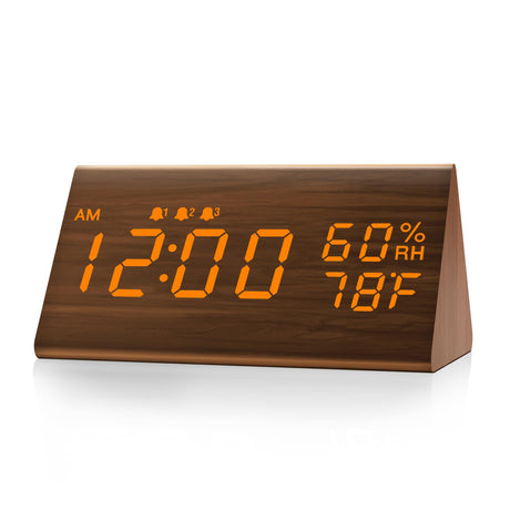 JALL Digital Alarm Clock, with Wooden Electronic LED Time Display, 3 Alarm Settings, Humidity & Temperature Detect, Wood Made Electric Clocks for Bedroom, Bedside (Brown) JALL