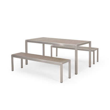 GDFStudio Outdoor Modern Aluminum Picnic Dining Set with Dining Benches, Natural and Silver GDFStudio