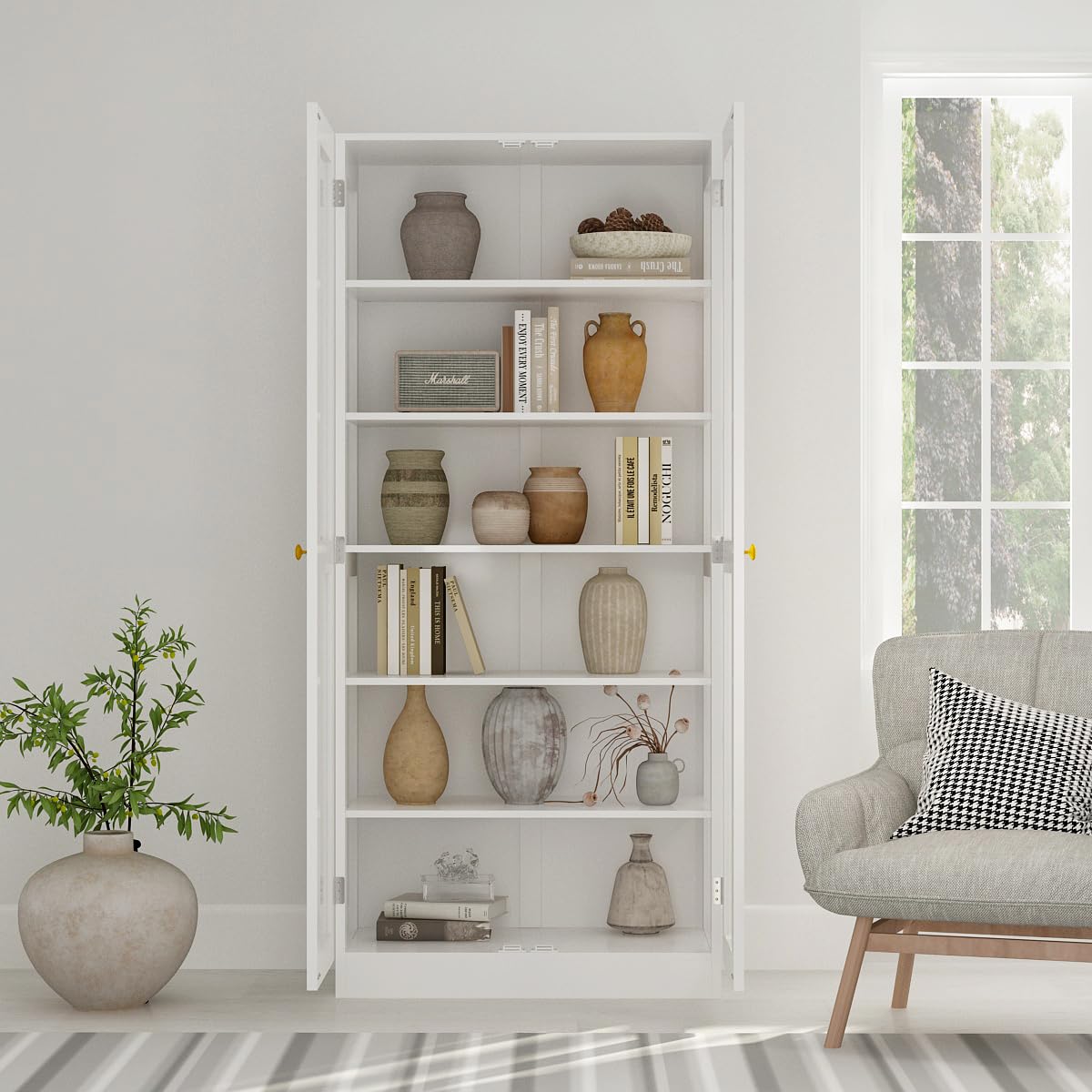 Homsee 6-Tier Tall Bookcase with Glass Doors - Modern Wooden Storage Cabinet in White - WoodArtSupply