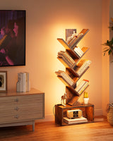 Evermagin 6 Tier Tree Bookshelf with Lights, LED Book Tree Bookshelf with Storage Organizer, Small Corner Bookcase Floor Standing Book Shelf for Living Room, Bedroom & Home Office, Rustic Brown Evermagin