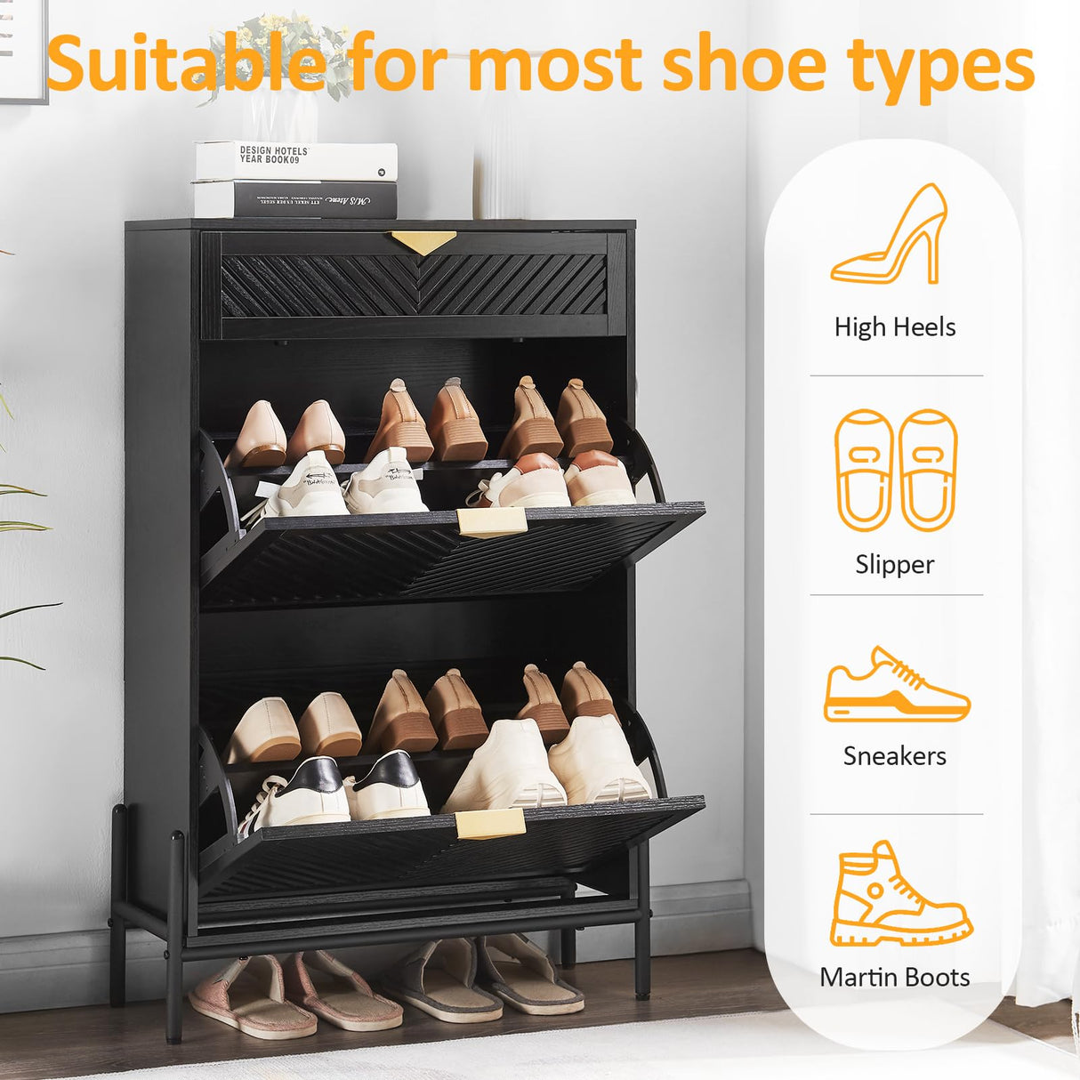 HUSHEDIFY Shoe Cabinet Storage with 2 Flip Drawers, Narrow Hidden Shoes Organizer Cabinet for Entryway, Freestanding Slim Shoe Rack Front Door Entrance(Black) HUSHEDIFY