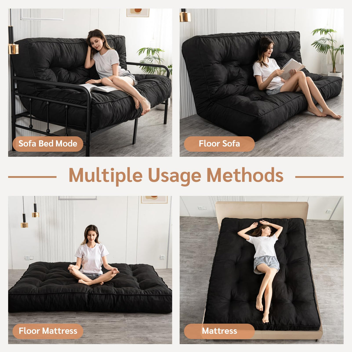 YOSHOOT 8 Inches Futon Mattress Full Size, Thick Futons Sofa Couch Bed, Floor Mattress for Adults, Shredded Foam Filling, Medium Firm(Frame Not Included), Black YOSHOOT