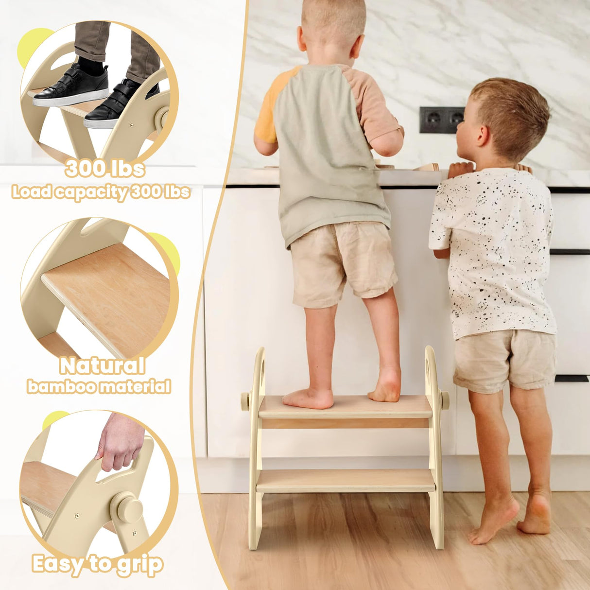 Reeple Wooden Step Stool, 300 lb. Load Capacity, with Safety Non-Slip Pads and Handles, Bamboo Step Stool for Bathroom and Kitchen, Children's Double Height(Log Color) Reeple