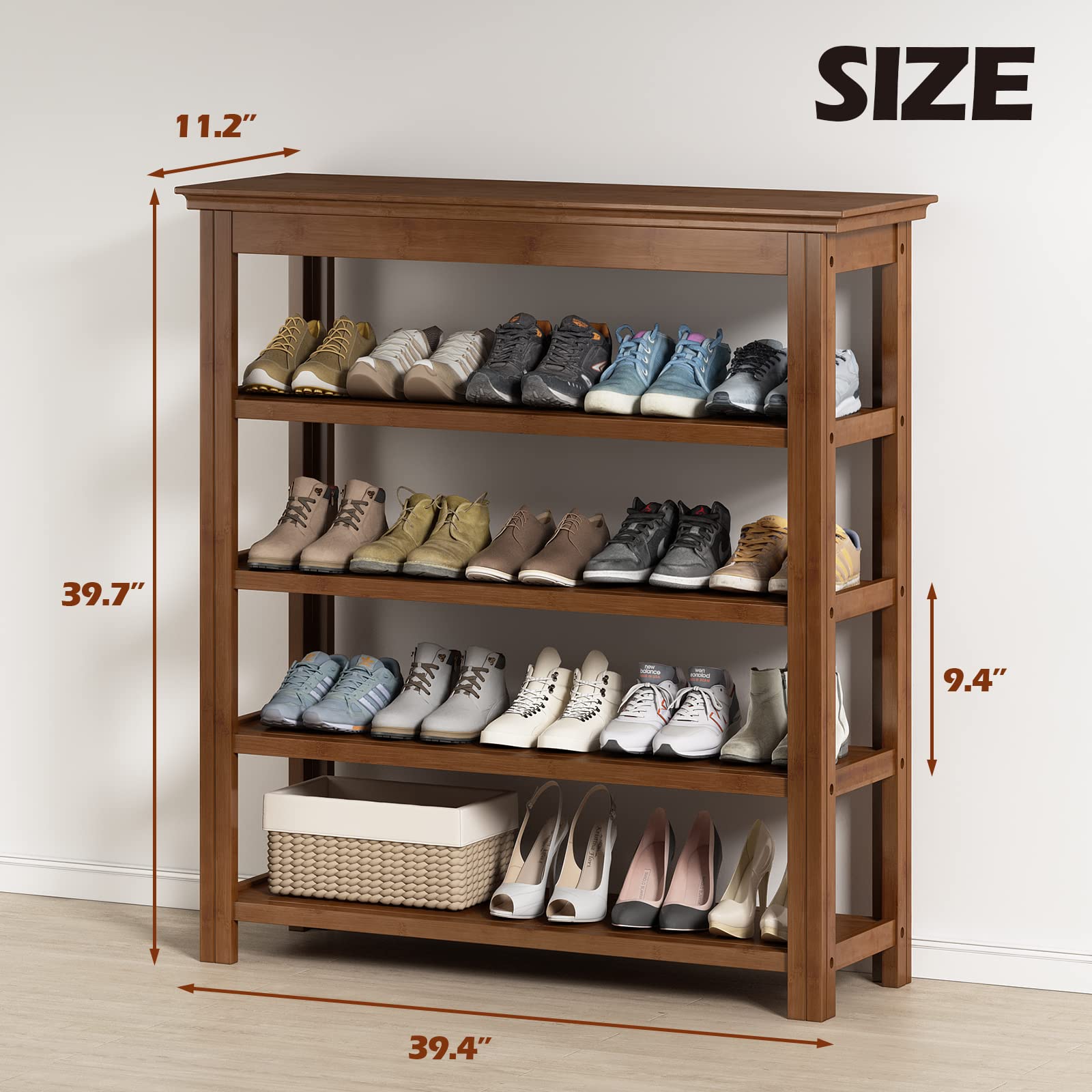 Bamworld Shoe Rack 5 Tier Wooden Storage Benches Wood Free Standing Shoe Shelf for Entryway Hallway (Brown,39.4") - WoodArtSupply