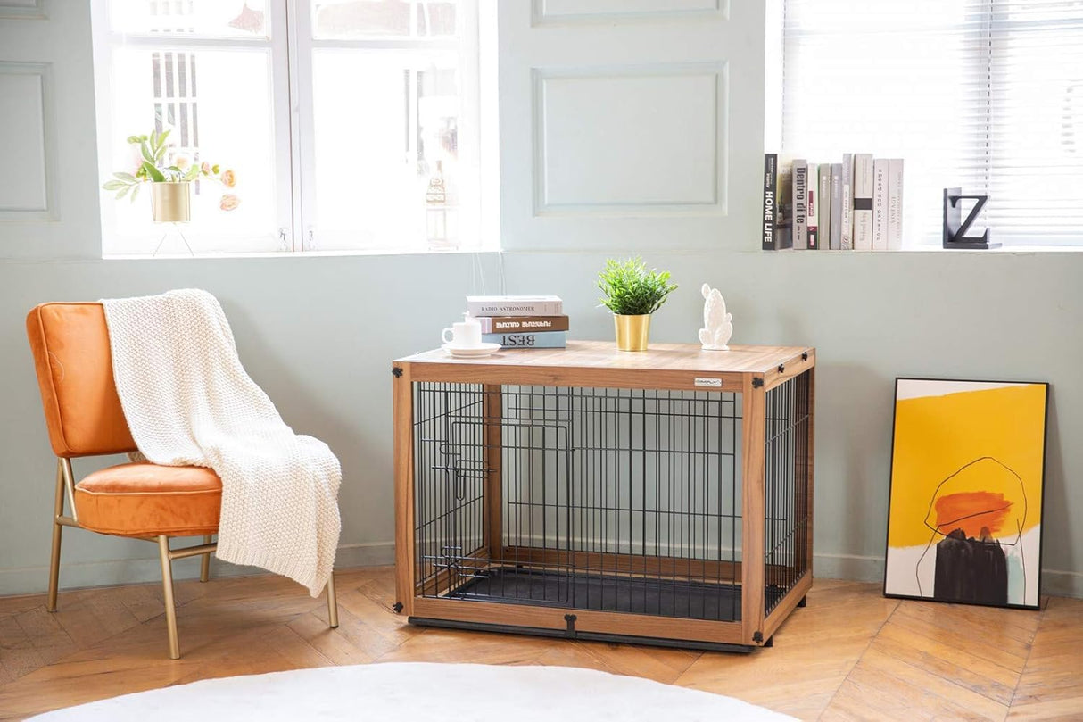 Dog Crate Furniture with Removable Top Cover, Wooden Crate with Tray, Dog Kennel Indoor for Small/Medium/Large Dogs(Light Brown, 37.4" L*25.9" W*25.8" H) Furnipeture