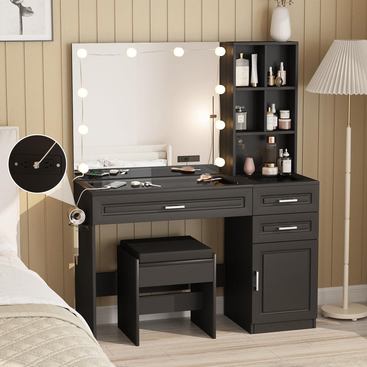 Fameill Vanity Desk with Lighted Mirror & Power Strip,Large Vanity Table with Glass top and Lots Storage,3 Drawer Makeup Desk with Hair Dryer Stand,3 Lighting Modes,Black Fameill