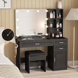 Fameill Vanity Desk with Lighted Mirror & Power Strip,Large Vanity Table with Glass top and Lots Storage,3 Drawer Makeup Desk with Hair Dryer Stand,3 Lighting Modes,Black Fameill