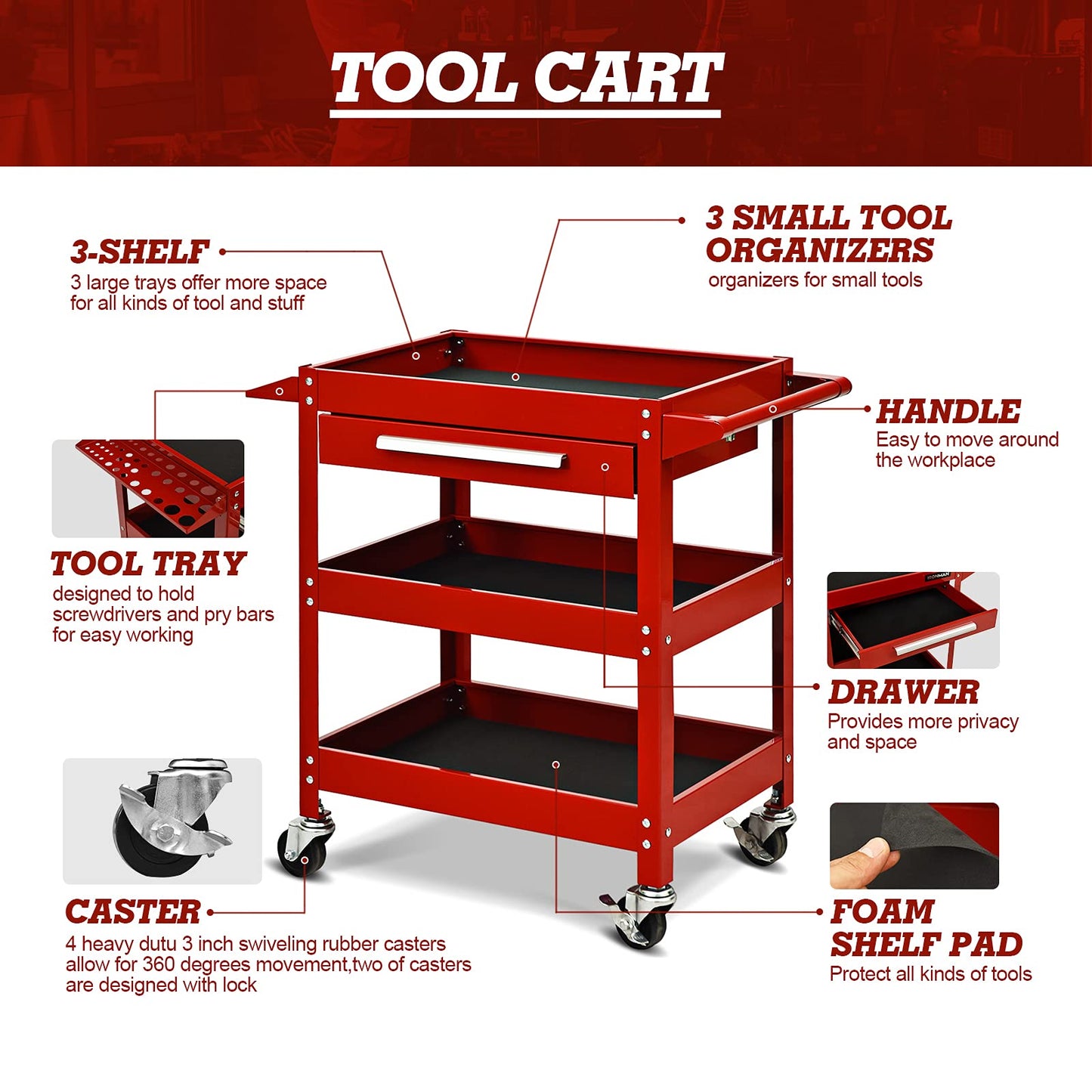 ARNOT 3 Tier Rolling 330 LBS Tool Cart on Wheels for Mechanics, Heavy Duty Tool Cart with Drawers, Perfect for Garage, Warehouse & Repair Shop, Red - WoodArtSupply