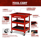ARNOT 3 Tier Rolling 330 LBS Tool Cart on Wheels for Mechanics, Heavy Duty Tool Cart with Drawers, Perfect for Garage, Warehouse & Repair Shop, Red ARNOT