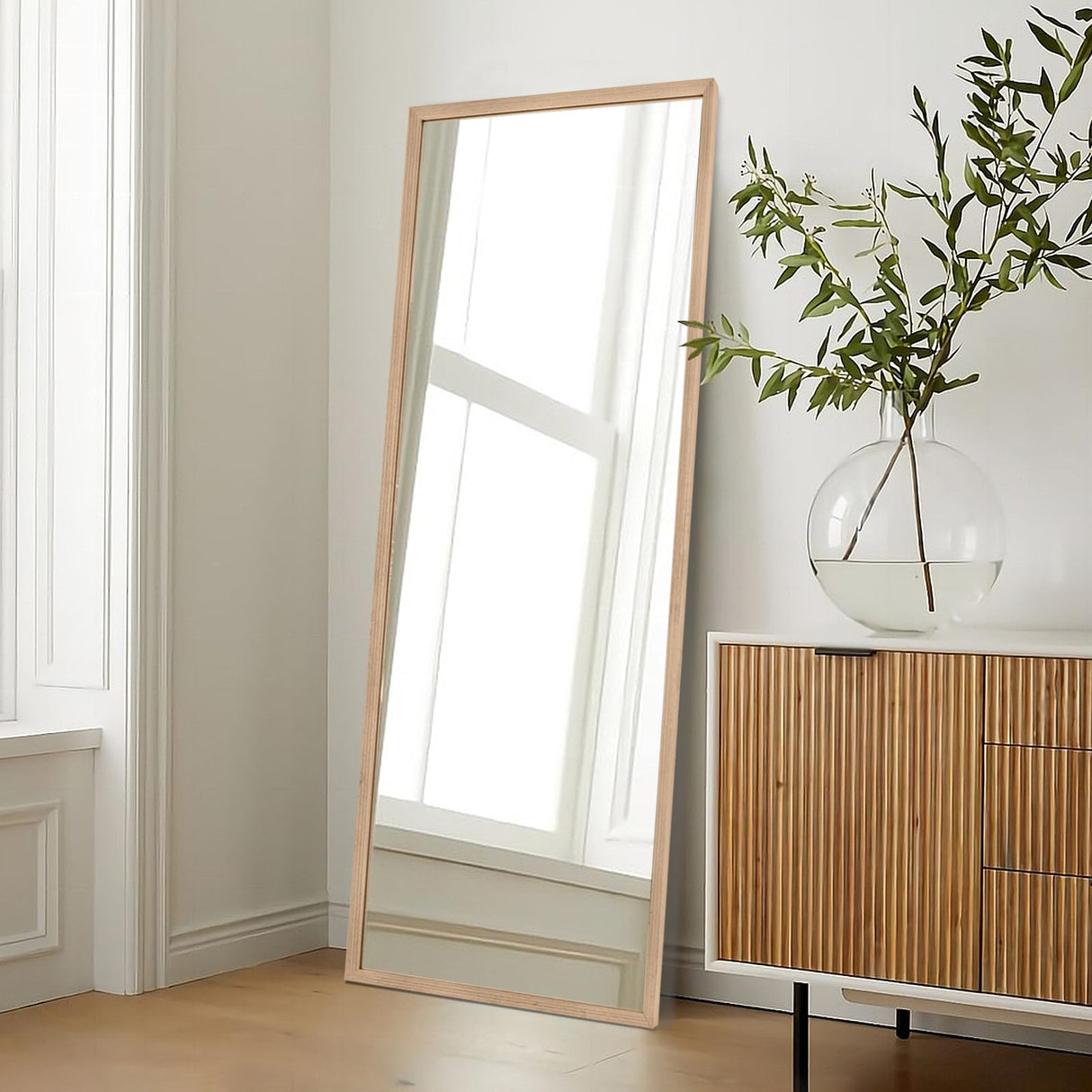 TheiaMo 65"×22" Wooden Full Length Mirror, Floor Mirror with Standing Holder Leaning/Hanging Mirror Wood Frame Large Wall-Mounted Mirror for Bedroom/Living Room, Solid Wood TheiaMo