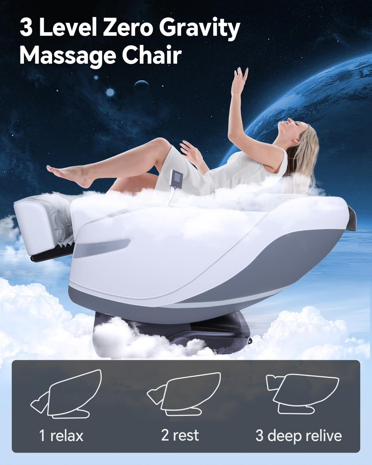 Stylish Massage Chair Full Body Zero Gravity Massage Chair Rocking Sleep Mode SL 3D Yoga Stretch Massage with Heat Wireless Phone Charge Upgraded Calf +11cm 12+ Modes Screen Touch Large Size White G CareTech