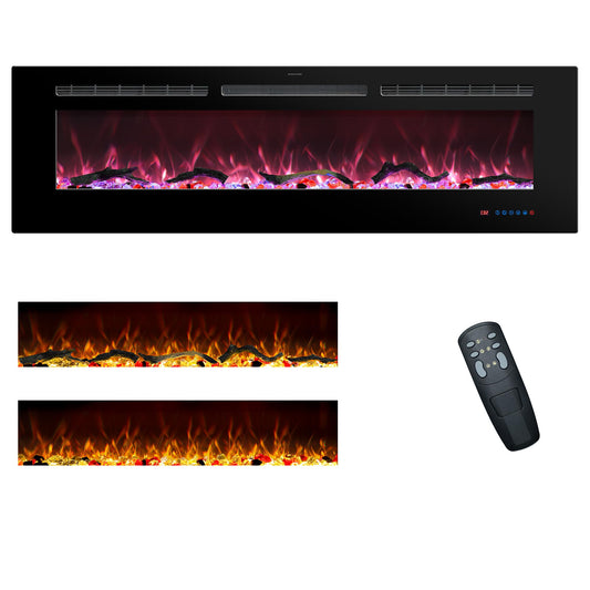 Rodalflame 60 Inches Electric Fireplace Inserts, Recessed and Wall Mounted Fireplace Heater for Indoor Use with Remote Control, 13 Color Flames with Log &Crystal, 9H Timer, 750/1500W