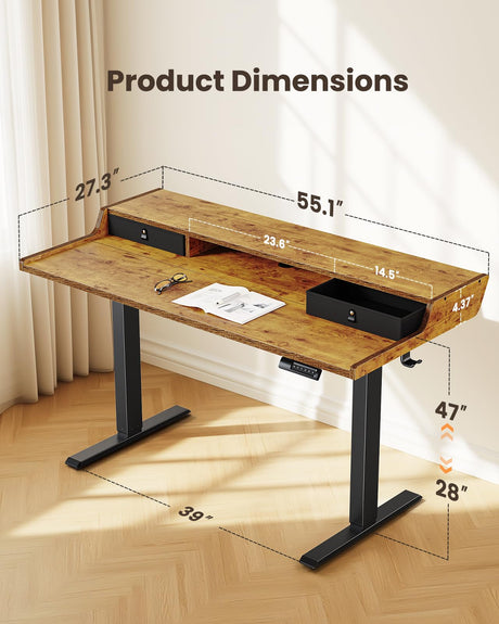 ErGear Electric Standing Desk with Drawers, 55″ x 28″ Gaming Desk with Monitor Stand, C-Clamp Mount Compatible, Home Office Height-Adjustable Desk with Storage Shelf, 4 Preset Heights, Vintage Brown ErGear