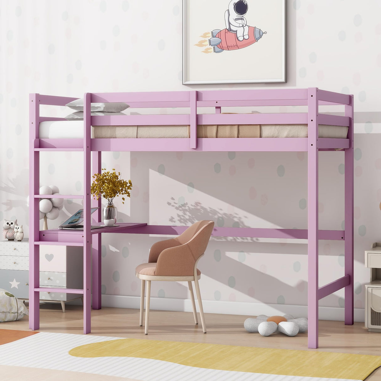 Bellemave Twin Loft Bed with Desk,Loft Bed for Kids, Boys, Girls,Wooden Loft Bed Frame,Built in Desk and Ladder, Pink（Rubber Wood） Bellemave
