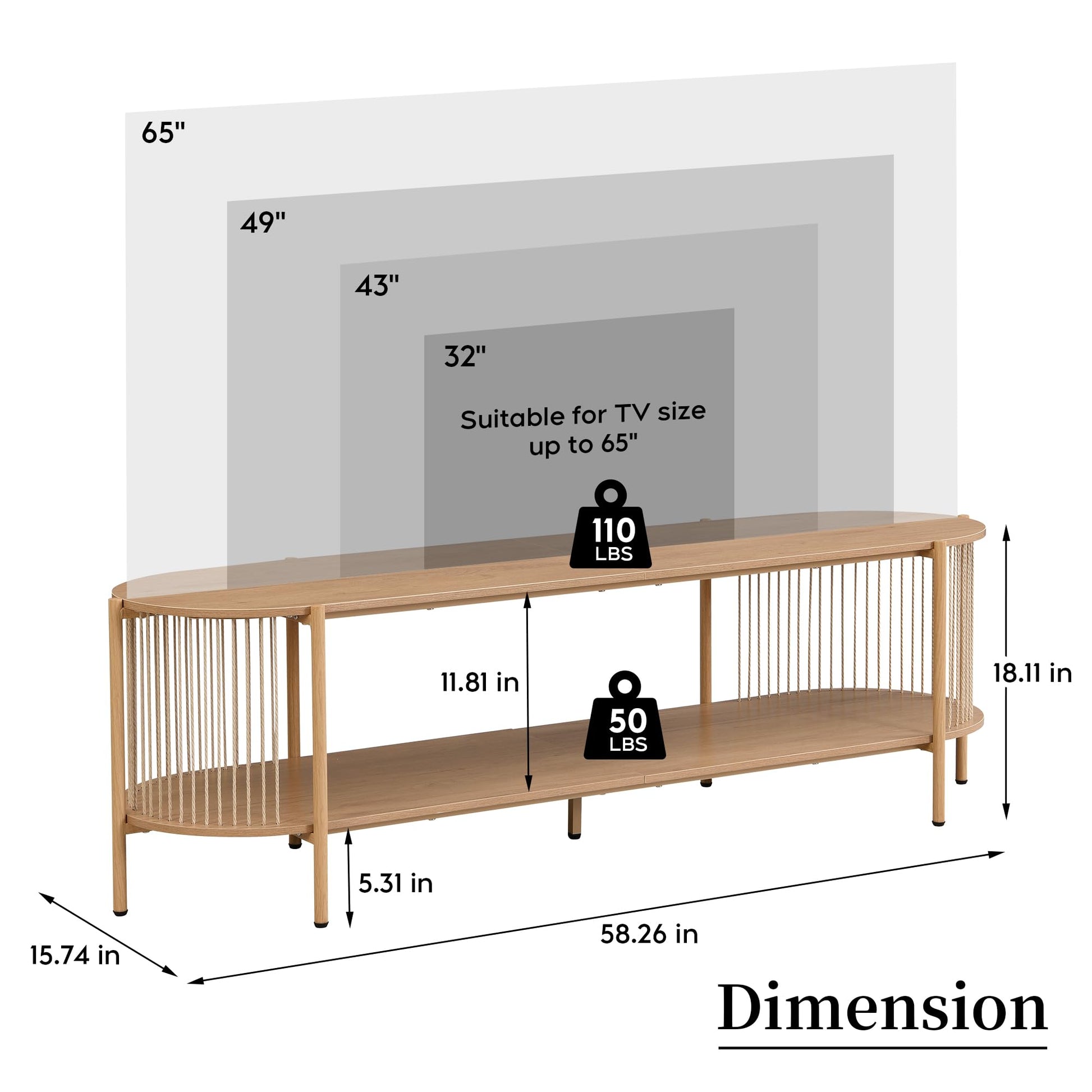 Brafab Oval Boho TV Console with Hand-woven Ropes, Mid-Century Modern TV Stand for up to 65" with Storage Shelf and Sturdy Steel Leg, Natural Wooden Entertainment Center for Living Room - WoodArtSupply