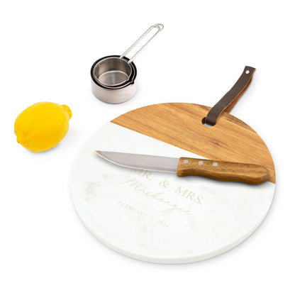 Weddingstar Custom Engraved Circular Wooden Acacia Plank & Marble Cutting Board Serving Tray - Mr. & Mrs. - WoodArtSupply