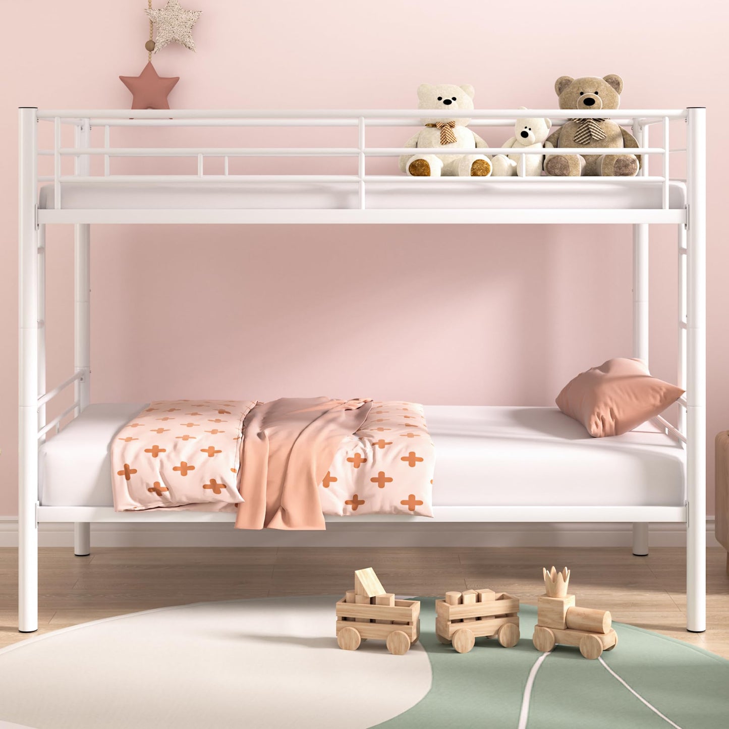 VECELO Bunk Bed Twin Over Twin, Metal Bunkbeds with Ladder and Full-Length Guardrail, No Box Spring Needed, Space Saving, Noise Free, White