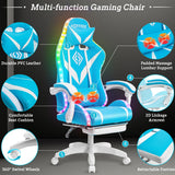 HOFFREE Gaming Chair with Massage and LED Lights Ergonomic Video Game Chairs with Footrest High Back Reclining Computer Chair with Adjustable Lumbar Support Blue and White HOFFREE