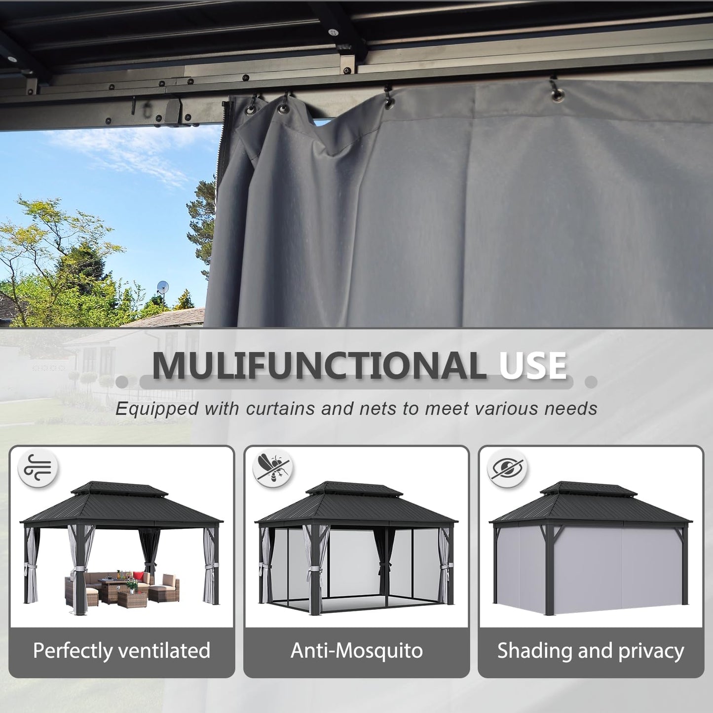 Aoxun Hardtop Gazebo 12ft X 16ft, Outdoor Gazebos with Double Roof, Galvanized Steel Permanent Aluminum Gazebo with Netting and Curtains, for Decks, Gardens, Patios, Parties