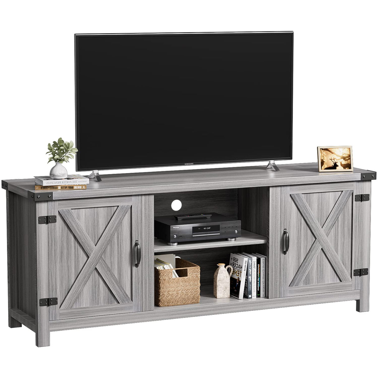 YESHOMY Modern Farmhouse TV Stand with Two Barn Doors and Storage Cabinets for Televisions up to 65+ Inch, Entertainment Center Console Table, Media Furniture for Living Room, 58 Inch, Gray Wash YESHOMY