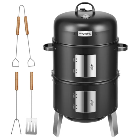 VIVOHOME 3-in-1 Vertical Charcoal Smoker, BBQ Smoker Grill with Built-in Thermometer, Air Vent, and 2 Access Doors, Idea for Parties, Backyard, Barbecues VIVOHOME