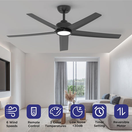 ocioc Ceiling Fans with Lights, 52 inch Black Ceiling Fan with Light and Remote Control, 3CCT, Quiet DC Motor, 5 Blades Modern Ceiling Fan for Living Room Farmhouse Bedroom ocioc