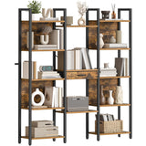 HOOBRO Triple Book Shelf, Industrial Bookshelf with Drawer, 5-Tier Bookcase with Metal Frame, Bookcase with 13 Open Display Shelves for Home Office, Living Room, Rustic Brown and Black BF160SJ01 HOOBRO