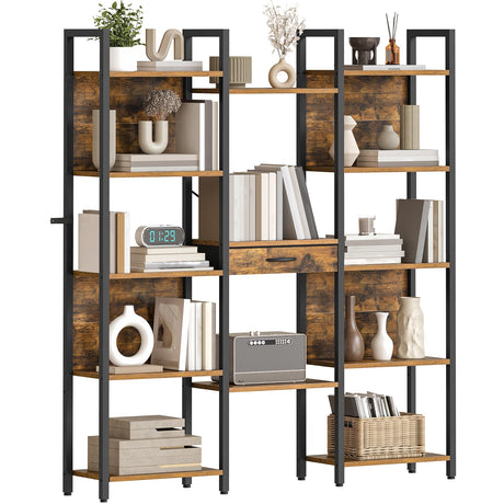 HOOBRO Triple Book Shelf, Industrial Bookshelf with Drawer, 5-Tier Bookcase with Metal Frame, Bookcase with 13 Open Display Shelves for Home Office, Living Room, Rustic Brown and Black BF160SJ01 HOOBRO