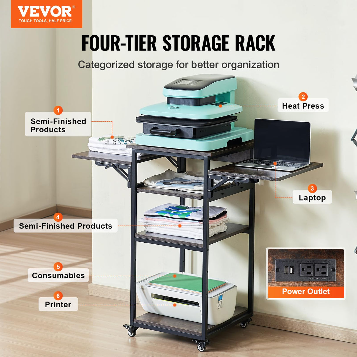 VEVOR Movable Heat Press Table with Charging Station, 4 Tier Foldable Heat Press Stand with Pull-Out Tray for Heat Transfer Sublimation Printer Sublimation Transfer Machine Organization VEVOR