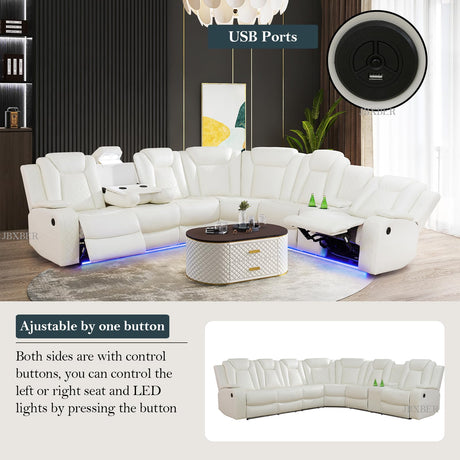 JBXBER Power Recliner Sectional Sofa Set, White Leather Sectional Couch for Living Room, L Shape Reclining Sofa with Led Lights, Cup Holder, Pull-Down Table for Home/Office(6 Seat) JBXBER
