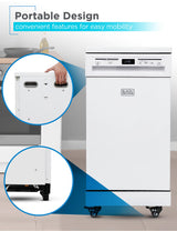 BLACK+DECKER 18” Portable Dishwasher, Compact Dish Washer with 8-Place Setting Capacity, Stainless Steel Tub, 6 Wash Programs, Worktop Space, Mobile Dishwasher with Casters, Faucet Connect, White BLACK+DECKER