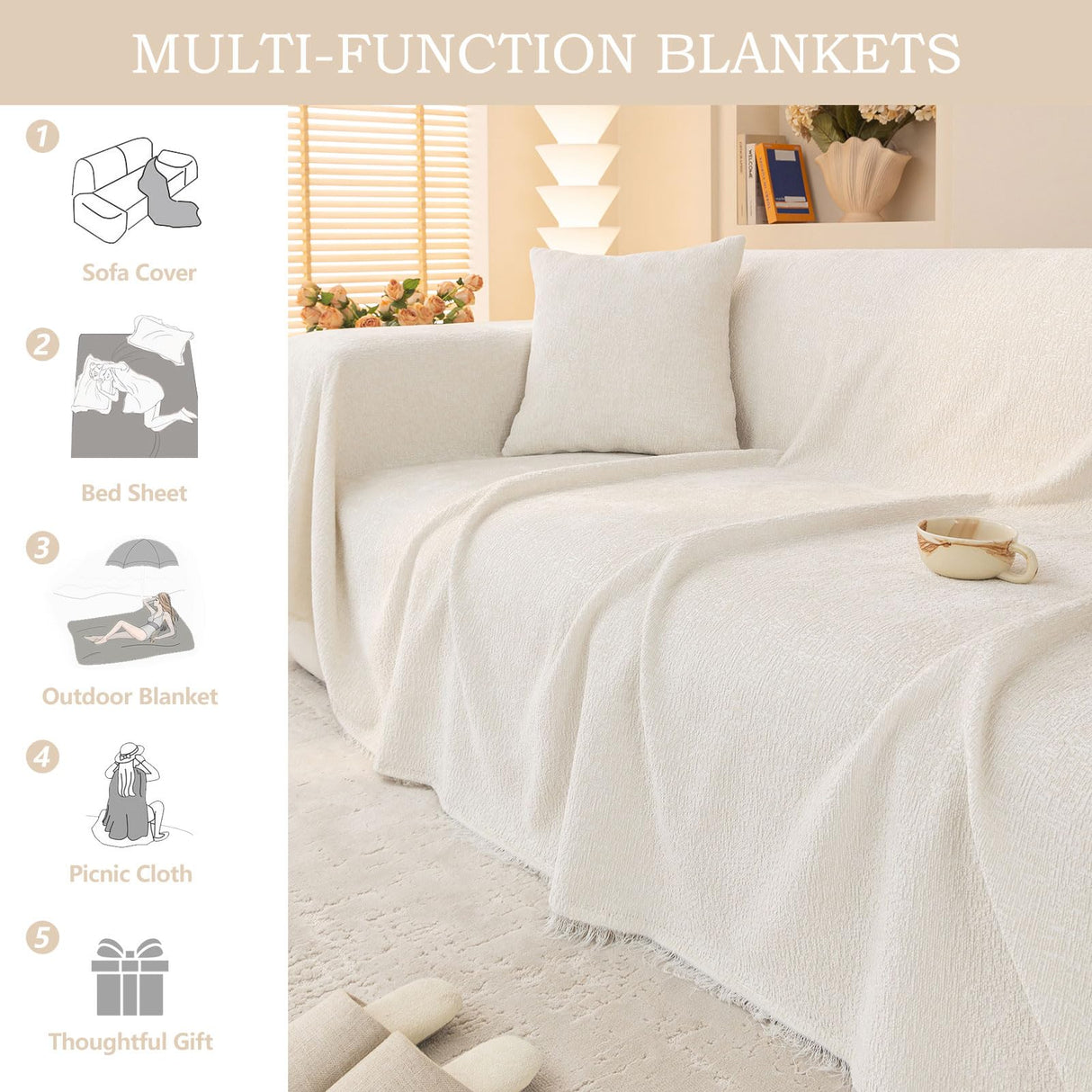 STACYPIK Soft Ivory White Sofa Covers Cats Dogs Anti-Scratch Couch Cover for Sectional Furniture Protector for 3 Cushion Couch with Tassels Anti Slip Loveseat Couch Cover Boho Couch Cover-71x134IN STACYPIK