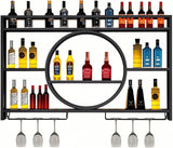 OMKUOSYA Wall Mounted Wine Rack, Metal 3-Tier Large Capacity Hanging Bar Shelves with Glass Holder, Round Wine Bottle Storage Display Shelf for Kitchen, Living Room, Home (Black, 39.4in/100cm) OMKUOSYA