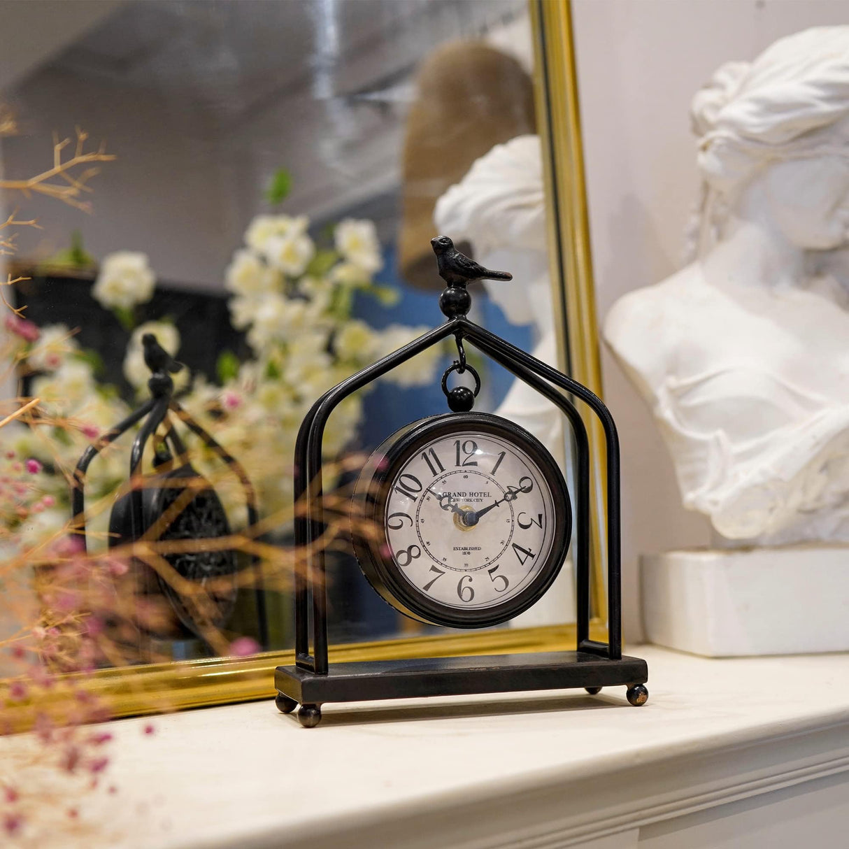 SOFFEE DESIGN 7.5'' x 10'' Mantel Clock Iron Tower Frame, Creative Bird Ornament Tabletop Clock, Silent Clock with Hollow Carved Back Cover for Home Decor, Black SOFFEE DESIGN